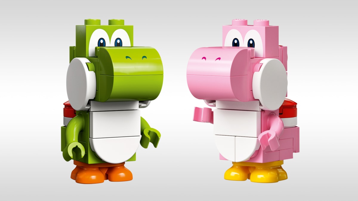 Two LEGO Yoshi figures, one green and one pink, that kids can make at the event and bring home.