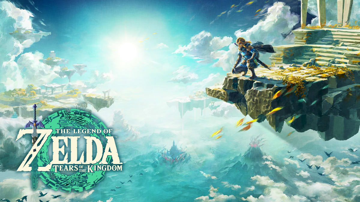 The Legend of Zelda: Tears of the Kingdom game art shows Link on an island in the sky, kneeling down while looking at the land of Hyrule below him.