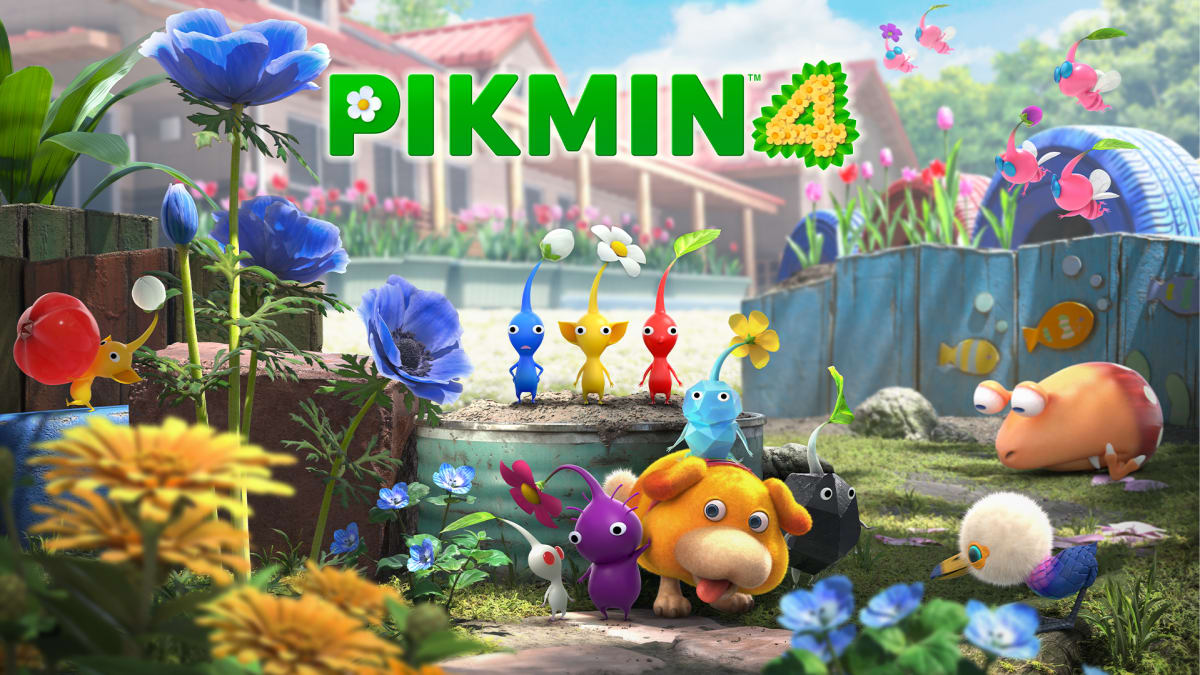 The Pikmin 4 game art shows various tiny Pikmin, Oatchi the Rescue Pup, and other creatures posing in what appears to be a garden in front of a house.