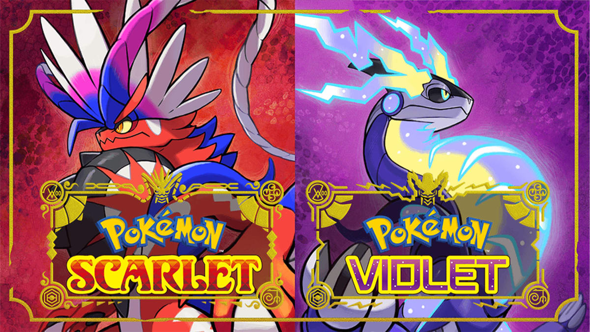 The Pokemon Scarlet and Pokemon Violet game art shows the dragon-like Legendary Pokemon Koraidon and Miraidon.