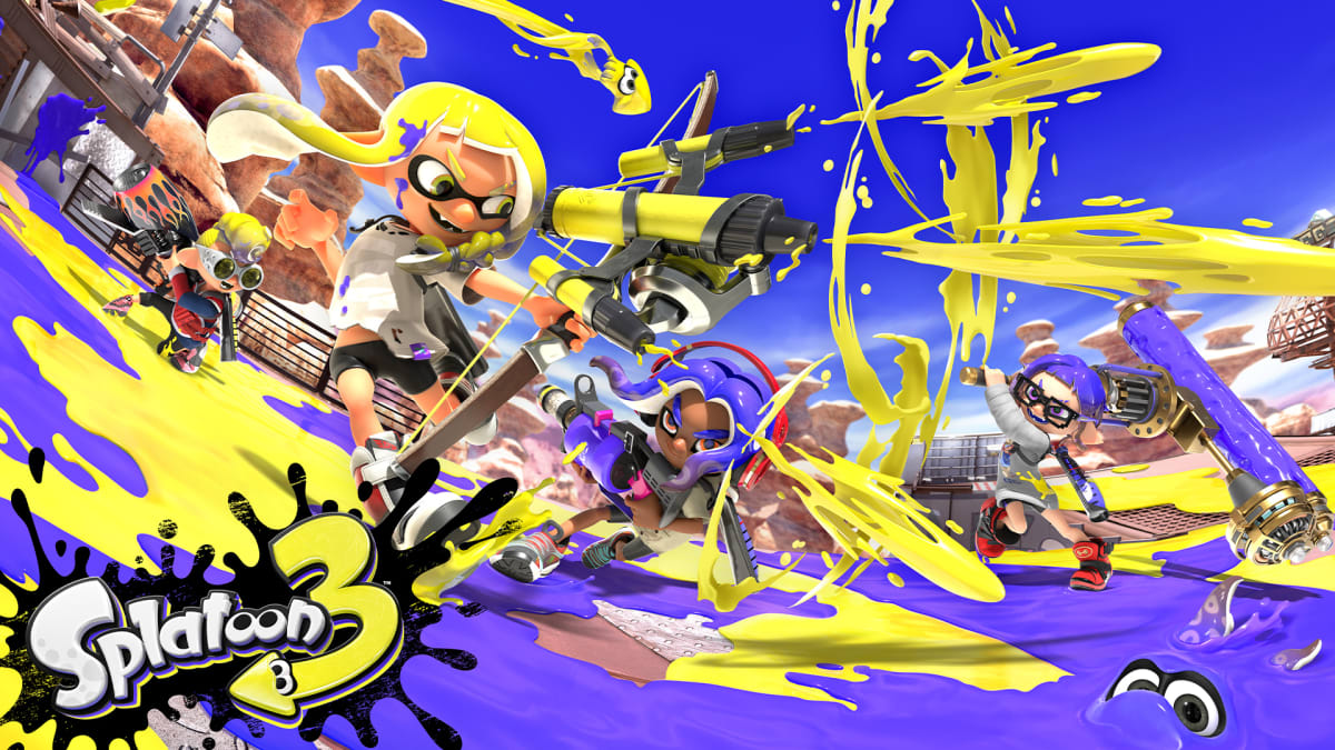 The Splatoon 3 game art shows characters having a good time while battling it out in a colorful mess of yellow and purple.