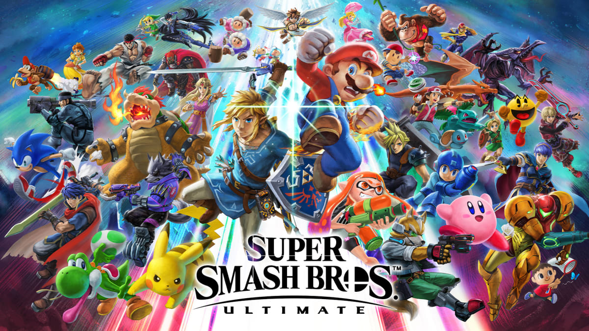 The Super Smash Bros. Ultimate game art shows all of the fighters jumping into action, with the game logo in the center foreground.