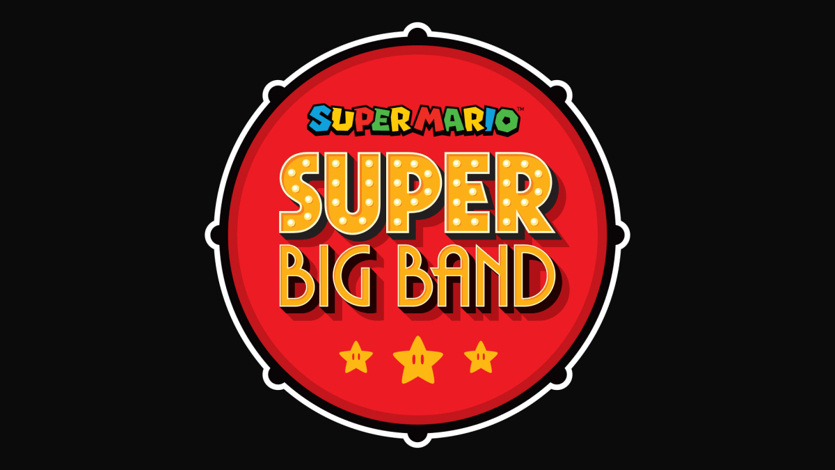 Logo for the the Super Mario Super Big Band. The typography is art deco influenced and the circular frame has the silhouette of a drum.