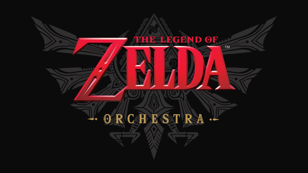 Logo for the Legend of Zelda Orchestra. The Hylian crest lies in the background.