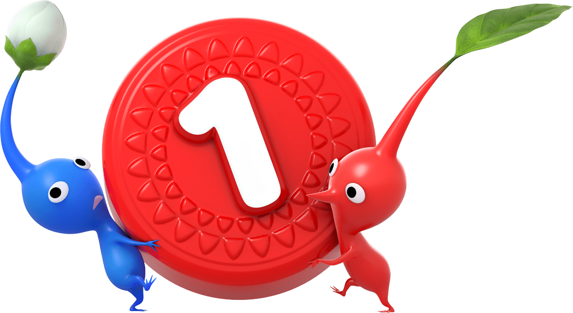 Two Pikmin carry a red pellet with the number one on it.