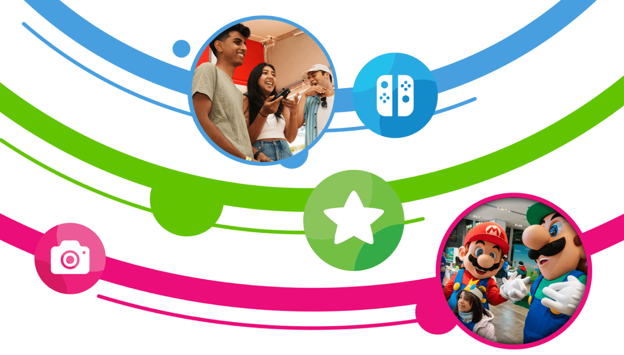 A group of three are having fun playing Nintendo Switch games, and a young child is joined by Mario and Luigi in a meet and greet. These two photos are surrounded by a pattern of colorful circles and symbols.