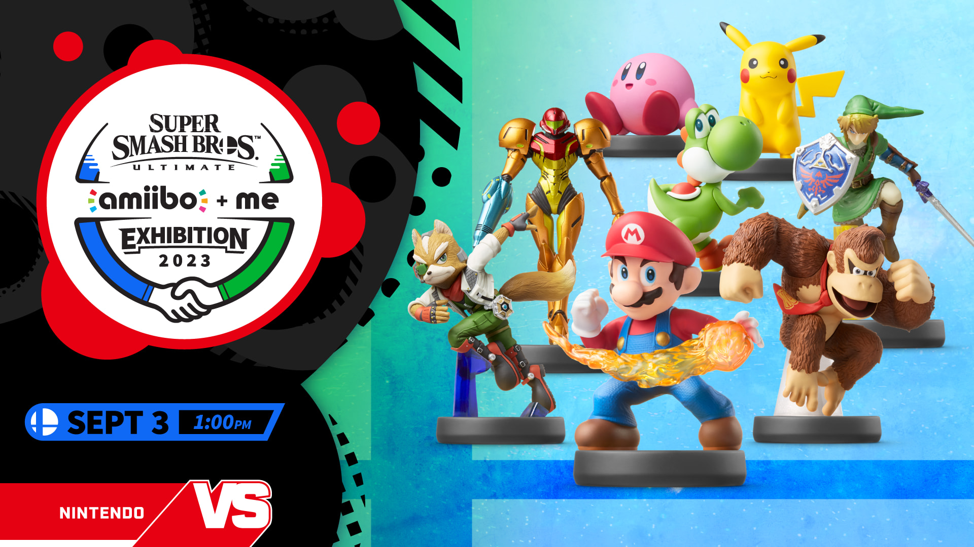 A selection of compatible amiibo figures, including Mario, Donkey Kong, Fox McCloud, Link, and others.