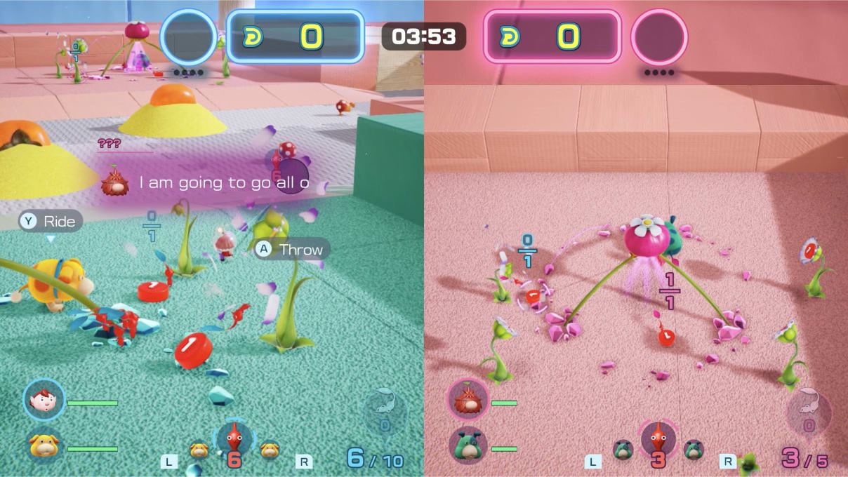 Two players are playing split-screen on the same system, each controlling an Explorer and a squad of Pikmin to collect items.