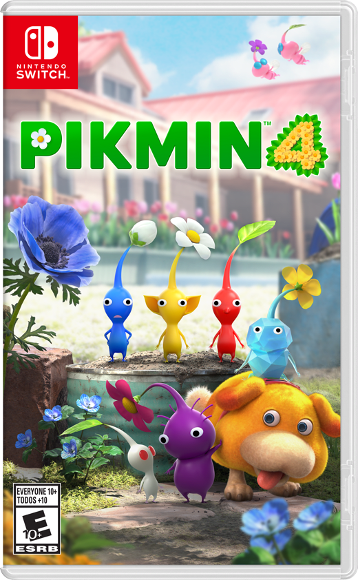 The Pikmin 4 game box shows the Pikmin and Oatchi posing in what appears to be a garden. They look very small!