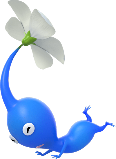 A Blue Pikmin appears to be falling forward onto its face. Its expression doesn't look happy. Hope you're OK, Blue Pikmin!