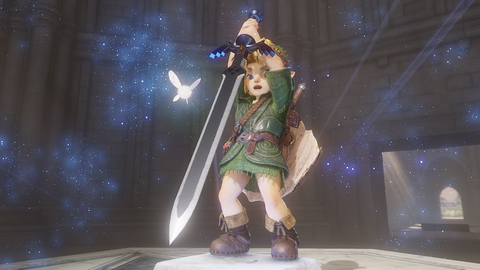 Official Ocarina of Time remake still: Young Link with the Master Sword (Nintendo)