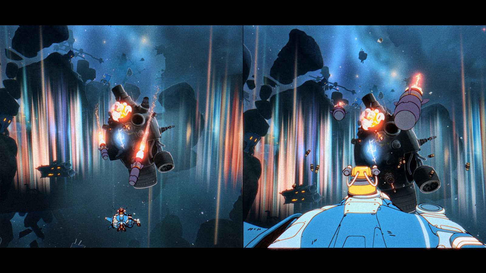 Official Orbitals still: small blue ship fighting a mechanical boss in an asteroid field (Nintendo)
