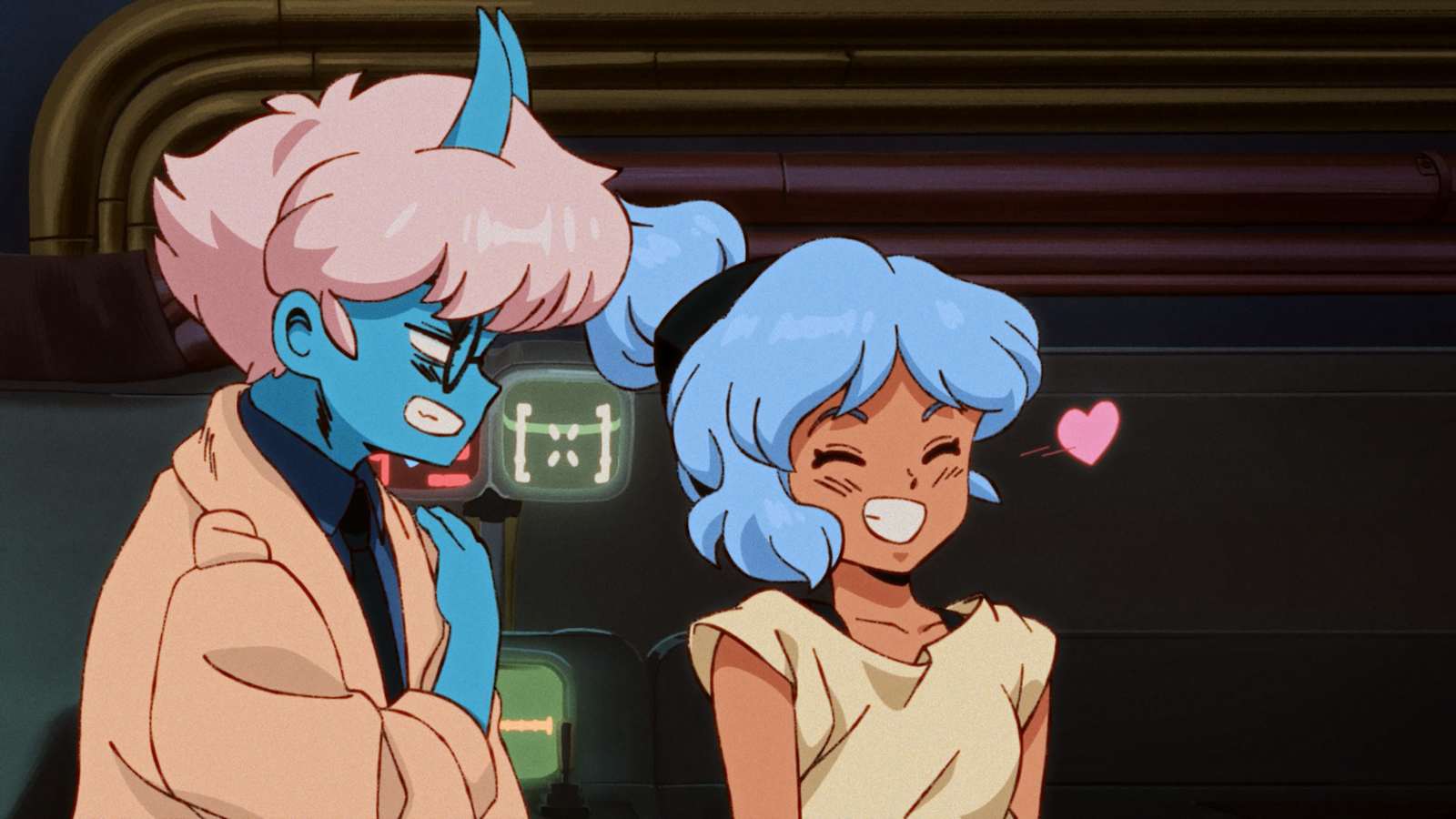 Official Orbitals still: Omura looking skeptical while Maki grins with a pink heart (Nintendo)