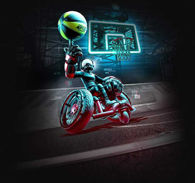 A futuristic player sits in a wheeled vehicle balancing a basketball on one finger.