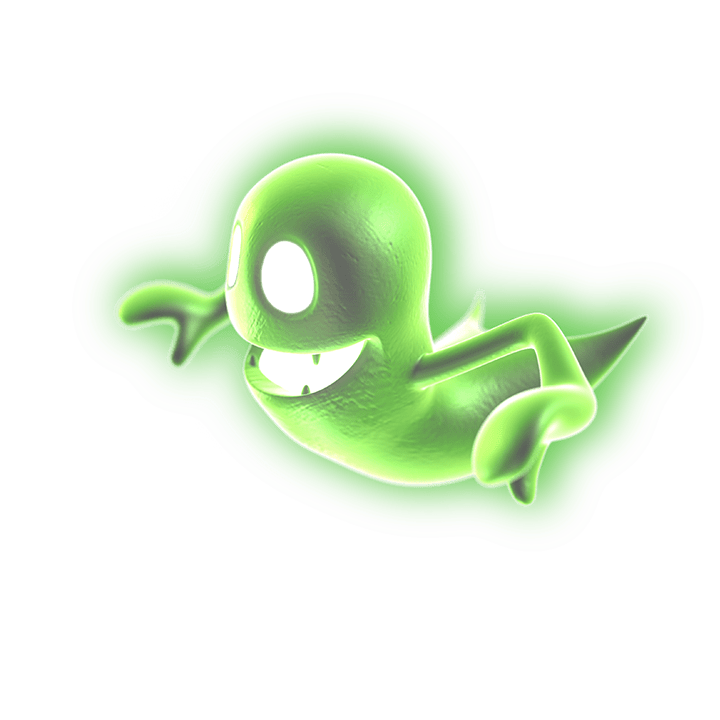 A green ghost floats with a smile on its face.