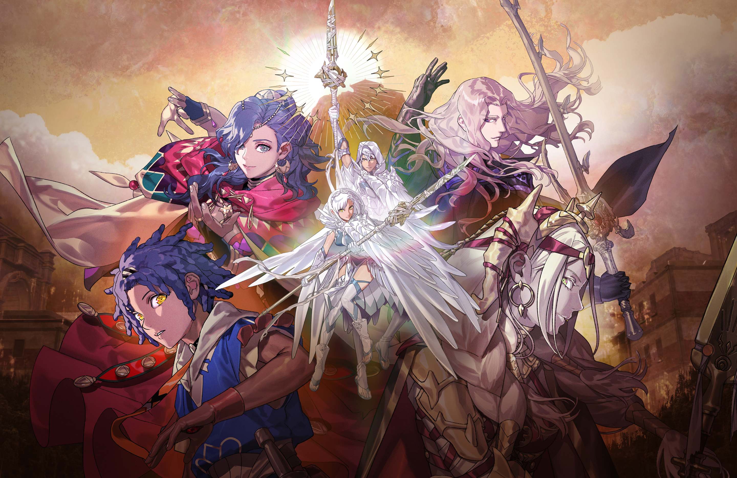 Key art for Fire Emblem: Fortune's Weave showing the four Flame Lords and their allies