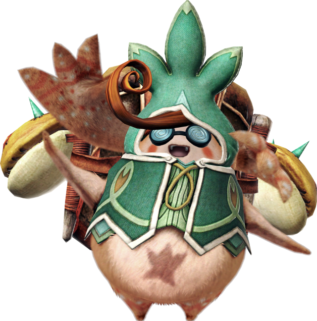 Tatsu is a Nopon, a small, round, fuzzy creature with massive ears. It carries a big backpack, wears a three-pointed hat, and wears goggles with thick, swirly lenses.