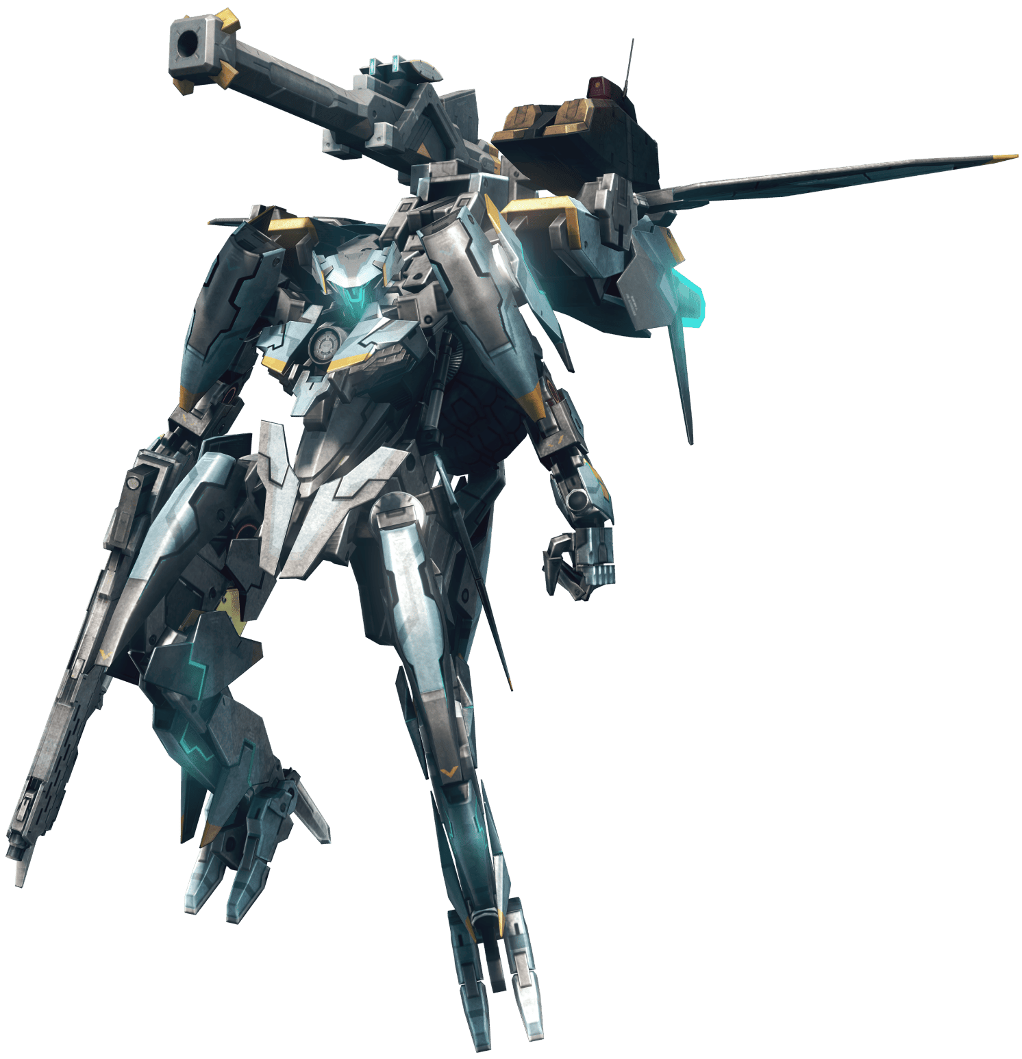 A silver and gold Skell with cyan lighting elements. This Skell stands as a humanoid. It holds a firearm in its right arm, and attached to its back is a cannon pointing forward.