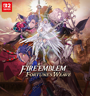Fire Emblem: Fortune's Weave. THe four heroes, Cai, Dietrich, Theodora, and Leda, surround two people garbed in white, feather-like cloaks.