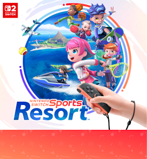 Nintendo Switch Sports Resort. Available 10/22. Sportsmate characters playing various sports including tennis, archery, skateboarding, and boxing.