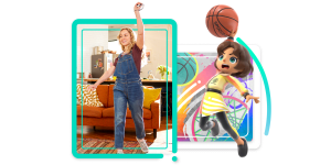 Switch Sports basketball game art and gamer playing in living room