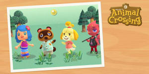 Summer Animal Crossing scene with villager, Tom Nook, Isabelle and Flick