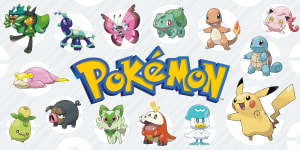 Pokemon logo with various Pokemon
