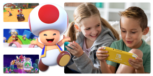 school aged children playing Switch Lite and Toad in-game images