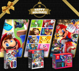 Happy Holidays: Three boxes of hardware and game bundles, with character art from Super Mario Party, Super Smash Bros. Ultimate, and Mario Kart 8 Deluxe.