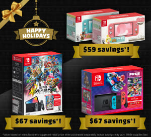 Happy Holidays: Three boxes of hardware and game bundles, with character art from Super Mario Party, Super Smash Bros. Ultimate, and Mario Kart 8 Deluxe.