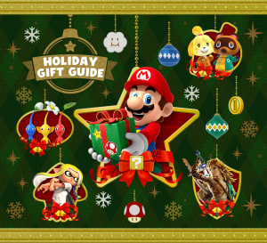 Holiday Gift Guide: Holiday ornament collage featuring Nintendo characters on a festive background.