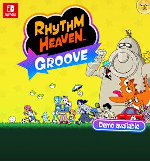 Rhythm Heaven Groove. Quirky characters move right to left, including a soccer player, a samurai, an orange dinosaur, a flying UFO, and much more.