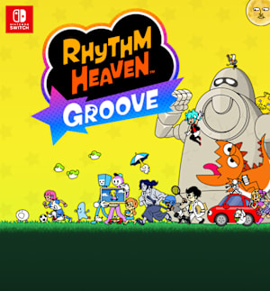 Rhythm Heaven Groove. Quirky characters move right to left, including a soccer player, a samurai, an orange dinosaur, a flying UFO, and much more.