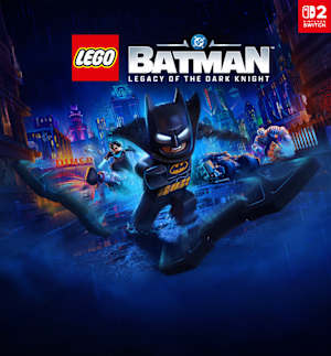 LEGO Batman and Nightwing battle various villains on a rainy street in Gotham City.