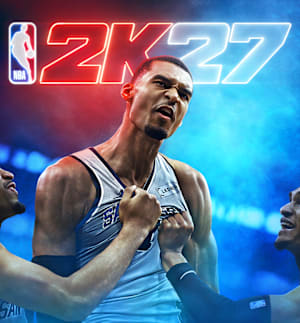 NBA 2K27. Available now. San Antonio Spurs player Victor Wembanyama looks on with an intense expression!