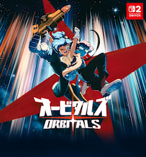 Orbitals. Two friends, Maki and Omura, jump into action across the stars. They are surrounded by retro-themed characters, including a floating cat.