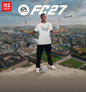 EA Sports FC 27. Football star Kylian Mbappé stands in front of a cityscape featuring iconic stadiums from various global cities.