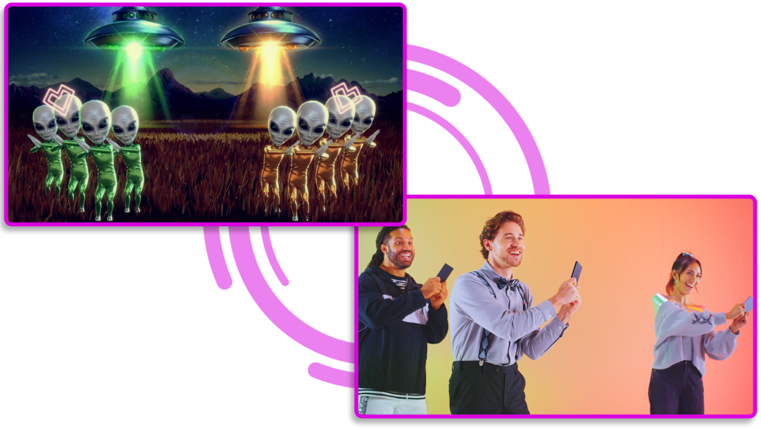 An in-game screenshot shows two aliens in a field swaying back and forth with hearts over their heads. A second photo of the players shows three people holding smartphones matching the movement of in-game aliens.