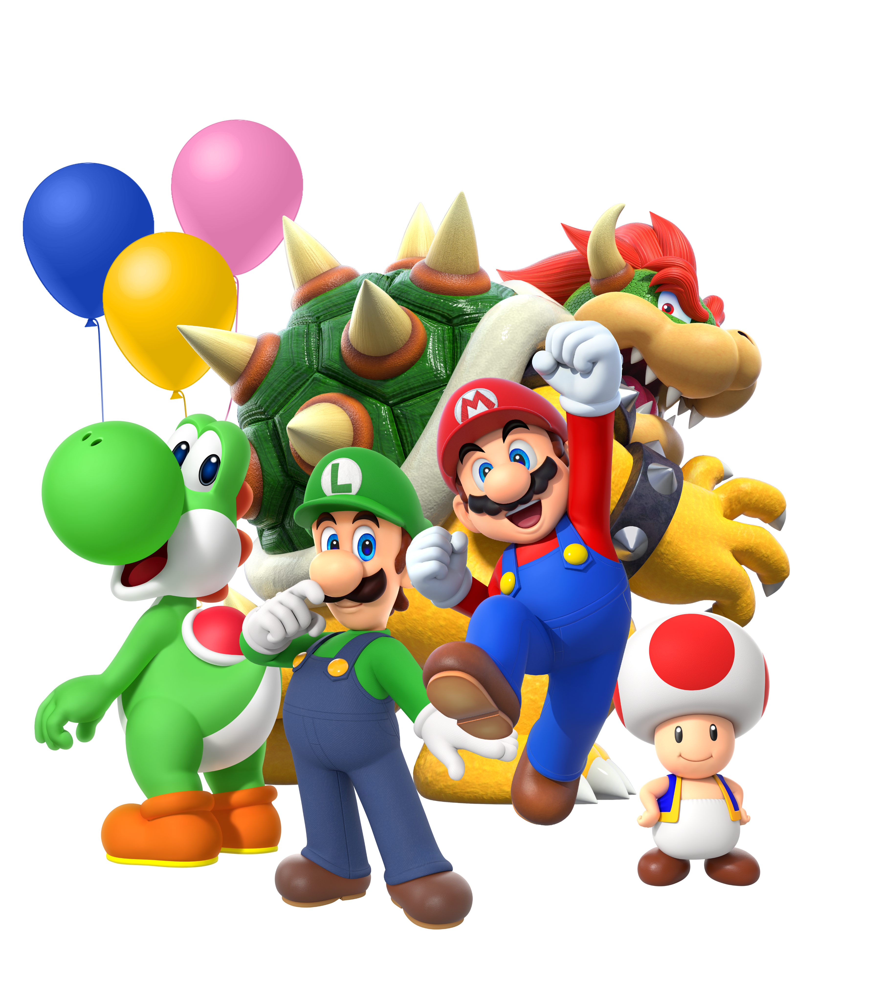 Mario jumps for joy next to a happy Luigi, Yoshi, and Toad. Bowser looks...less happy. 