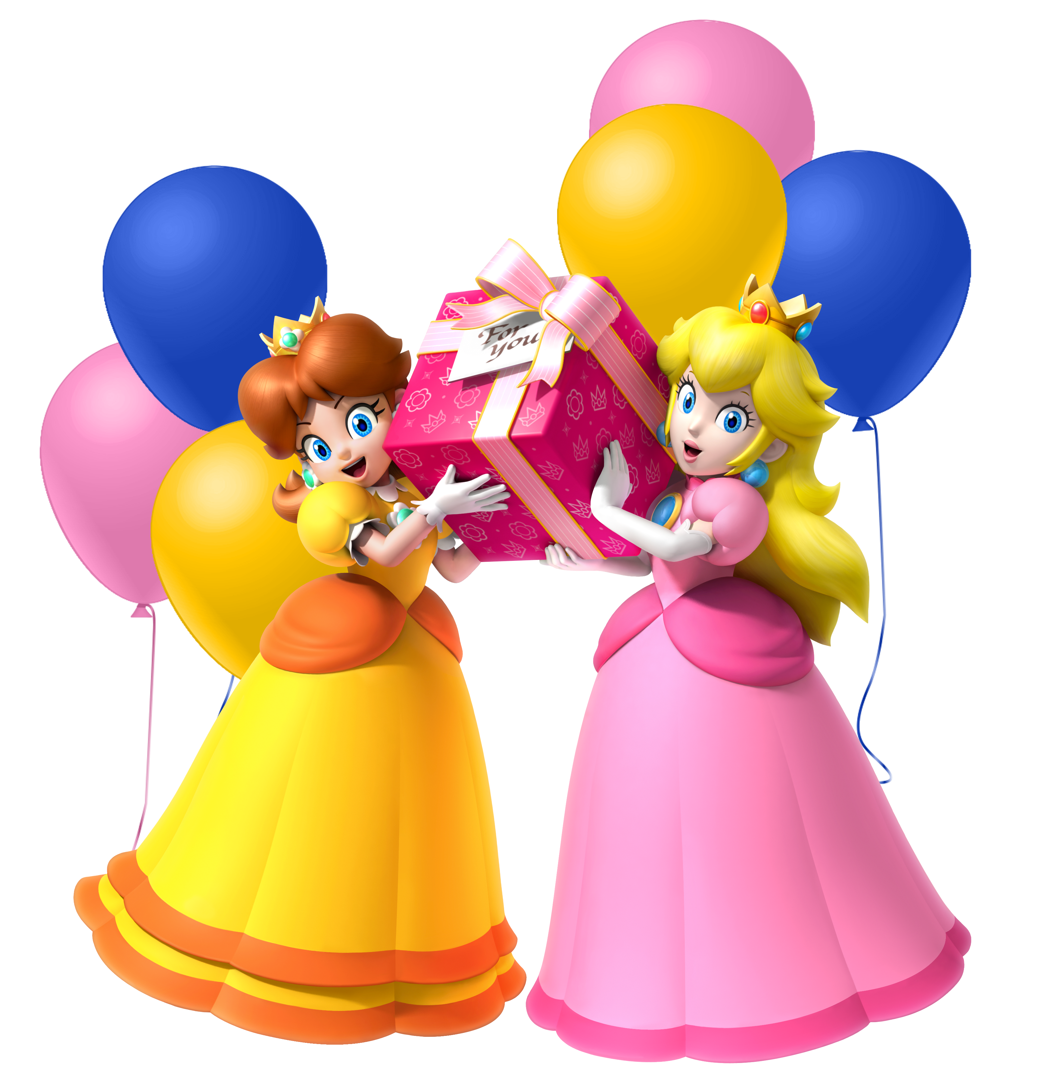 Peach and Daisy are holding a large, beautifully wrapped gift labelled "For you"!