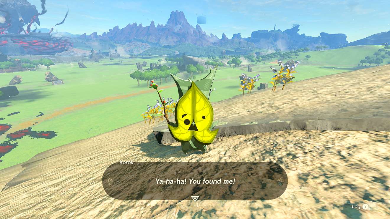 A leaf-like creature called a Korok is saying "Ya-ha-ha! You found me!"
