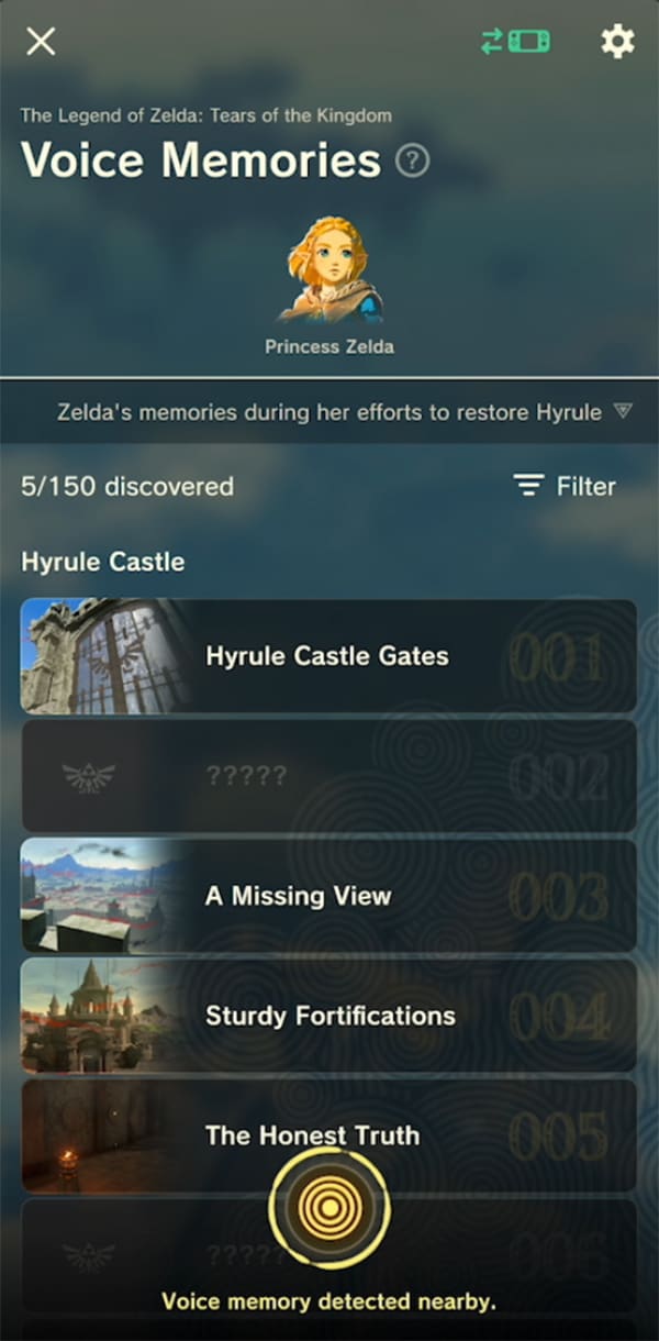 A mobile phone screen is shown using the "Voice Memories" feature of Zelda Notes. 