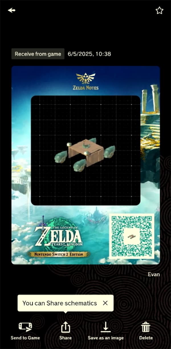 A smart phone screen shows how you can share schematics using the "Autobuild Sharing" feature in the Zelda Notes app.. 
