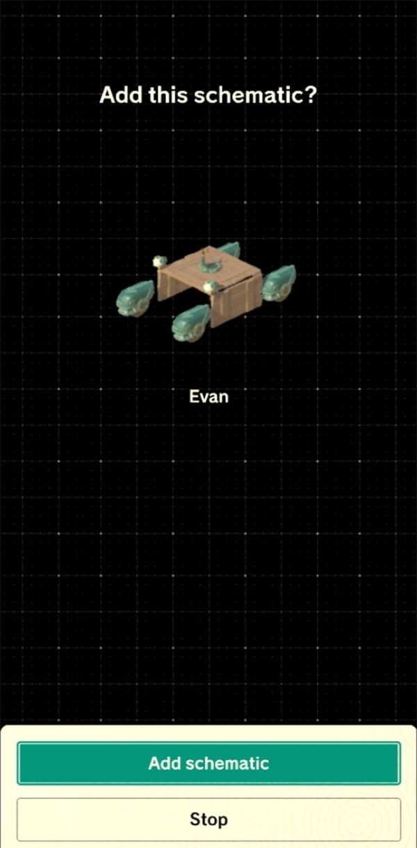 A smart phone screen shows how you can receive schematics using the "Autobuild Sharing" feature in the Zelda Notes app.. 