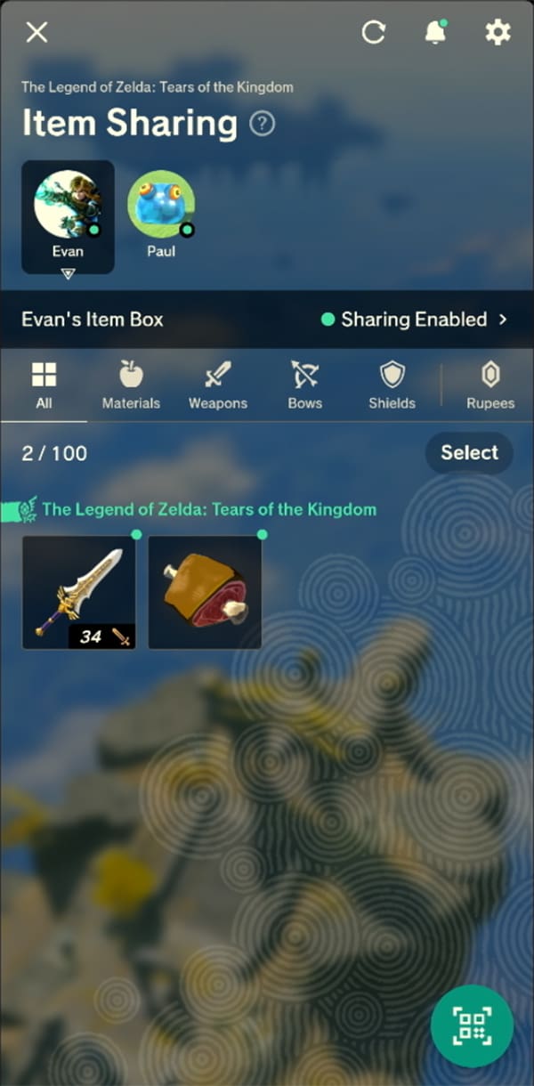 A smart phone screen is shown using the "Item Sharing" feature of the Zelda Notes app. It shows how to send items to your item box in the app. 