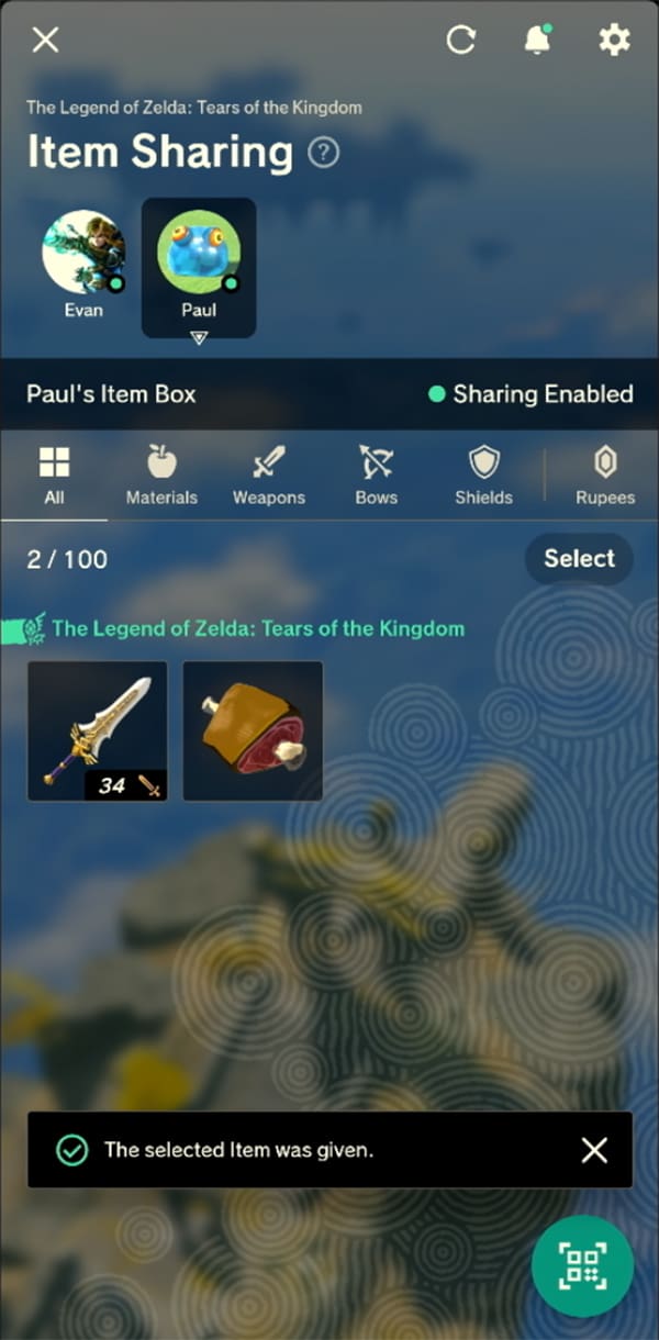 A smart phone screen is shown using the "Item Sharing" feature of the Zelda Notes app. It shows how to share your item box with others using the app. 