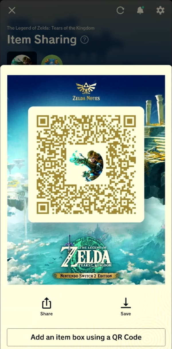 A smart phone screen is shown using the "Item Sharing" feature of the Zelda Notes app. It shows how to use a QR code to access other player's item boxes. 