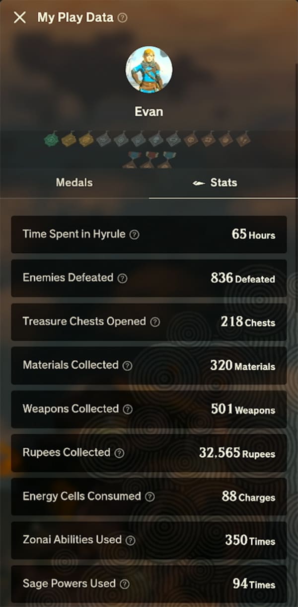 A smart phone screen is shown using the "My Play Data" feature of the Zelda Notes app. It shows different player stats.