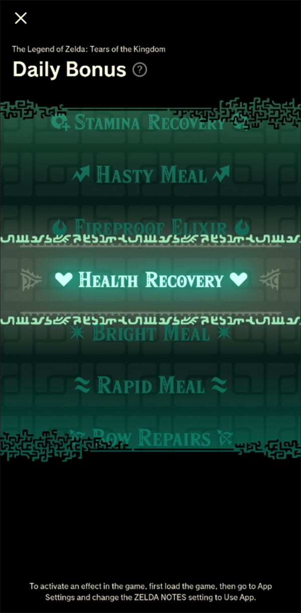 A smart phone screen is shown using the "Daily Bonus" feature of the Zelda Notes app. 