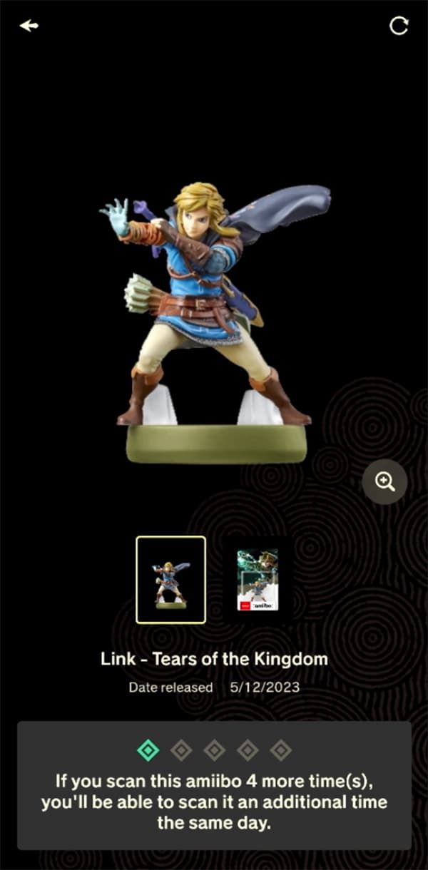 A smart phone screen is shown using the "amiibo" feature of the Zelda Notes app. It shows the user's amiibo figure.